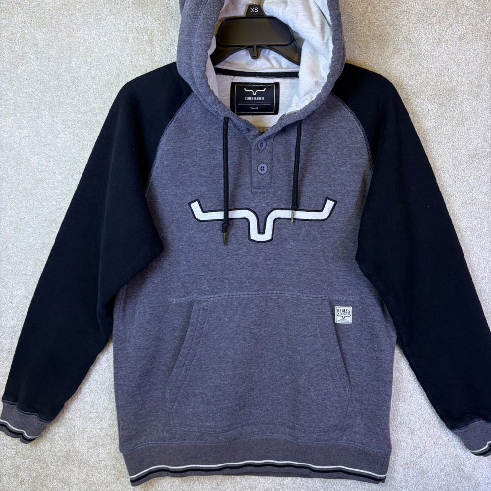 Kimes Ranch Hoodie Mens Small Gray Black Raglan Longhorn Logo Sweatshirt Western